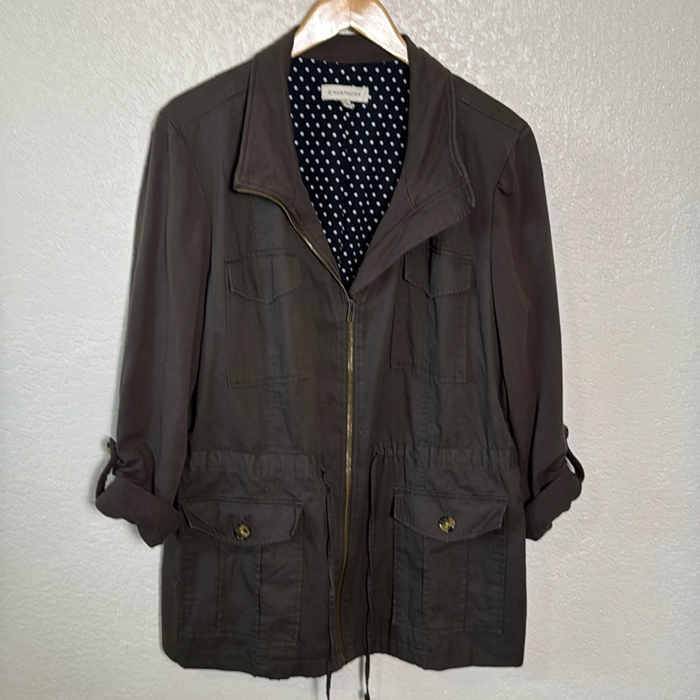 41 Hawthorn Women's XXL Green Jacket Navy Polka Dot Lining Roll Up Button Sleeve